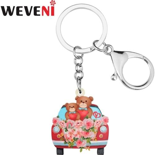 WEVENI Acrylic Valentines Day Red Flowers Bear Doll Car Truck Keychains Ring Fashion Purse Bag Key Chain Jewelry For Women Girl