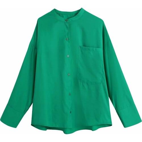XNWMNZ Za spring Women Soft Comfort green Blusas casual Blouses Mujer Single breasted long Sleeve top loose Lady pocket shirt