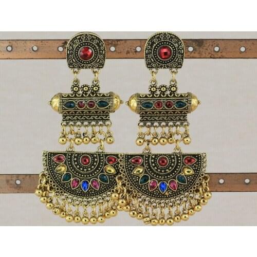 Gypsy Indian Bell Dangle Earrings Retro Boho Tassel Earring Colorful Rhinestones A5KE