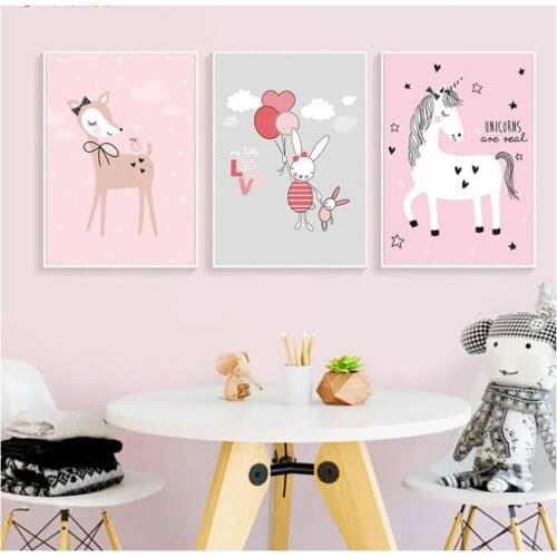 Girls Room Pink Elk Unicorn Cartoon Rabbit Frameless Decorative Painting Childrens Room Bedroom Hanging Painting Wall Art