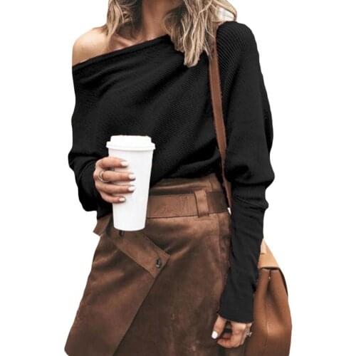 Ele-choices Sexy Women Solid Color Off Shoulder Long Sleeve Sweater Loose Knitted Pullover for Autumn Winter