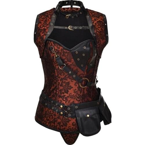 Brown Jacquard&Leather Steampunk Bustier Lolita Gothic Style Corsets Waist Slimming Trainer Clothing Corset&Bustiers For Women