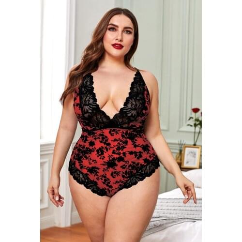Fashion Elegant Casual Plus Size Sexy Lingerie Bodysuit Lace Patchwork Babydoll G-String Thong Erotic Nightwear New Lady