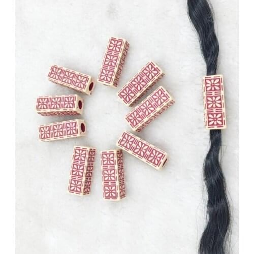 New 10Pcs 30/11/11mm red flower imitation wood big hole beads hair braid dread dreadlock beads 6mm hole free hair styling diy