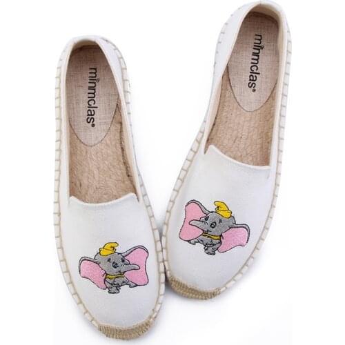Disney new embroidered cartoon pattern sweat-absorbent straw canvas fisherman shoes girls flat lazy soft-soled canvas shoes