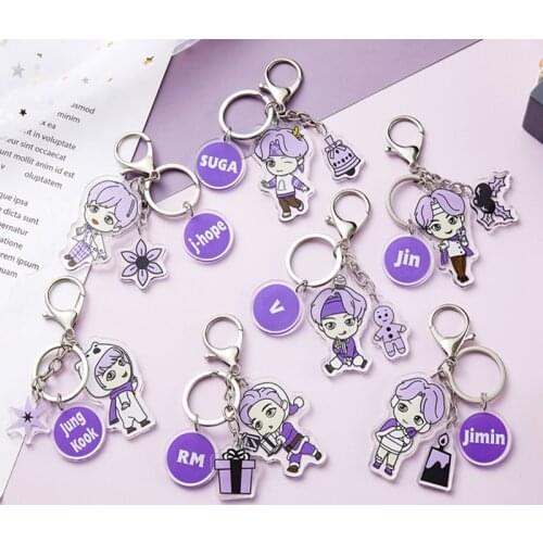 7pcs/lot Kpop BE New Album Cartoon Acrylic Keychain Jungkook V Jimin Suga Jhope RM Jin Cute Keyring Pendant Fans Gift