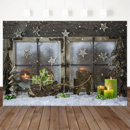 Christmas Photography Background Window Stars Gift Green Candle Snowfield Backdrop Party Decoration Prop Banner For Photo Studio
