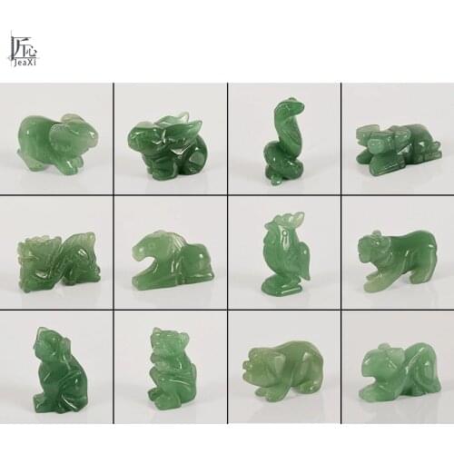 12 piece 1.5 Inch Green Aventurine Zodiac Figurines handmade statue Craft Carved Natural Stone mineral Mini Animals Statue