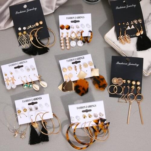 VKME 2020 Fashion Shell Earrings Set For Women Bohemian Flower Tassel Long Stud Earring 6pair / set Female Brincos Beach Jewelry