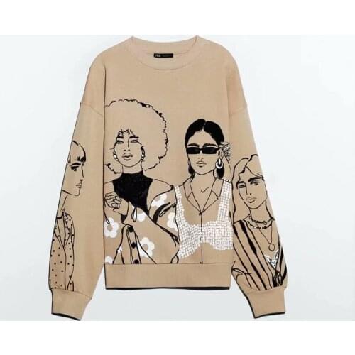 Y2K Leisure Loose Hoodie Spring Autumn Girls Creative Figure Printing Round Collar Long Sleeve Tops