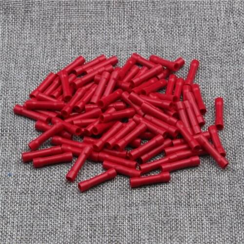 YT BV1.25 Red Full Insulated Crimp Butt Connector Electrical Wire Cable Splice Terminal 100pcs/pack 22-18AWG 0.5mm-1.5mm2 Kit
