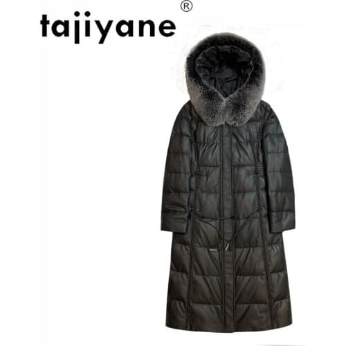 Tajiyane Real Leather Jacket Women White Duck Down Coats Woman Fox Fur Collar Hooded Parkas Female Long Coat Abrigo Mujer TN1348
