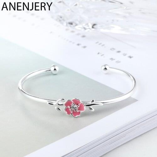 ANENJERY 925 Sterling Silver Delicate Pink Cherry Blossoms Bangle Bracelet Drop Glaze Open Cuff Bangle For Women S-B278