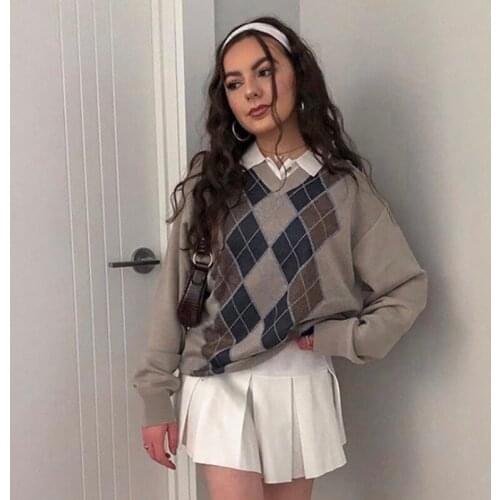 Preppy Style Argyle Plaid V Neck Sweater Women Autumn Casual Y2K Jumper Female Korean Fashion Winter Pullover Vintage Clothes