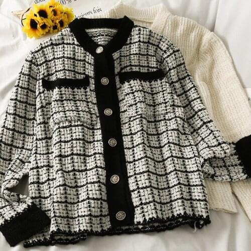 Button Elegant Women Tweed Knittd Sweater Cardigan Korean Fashion Soft Warm Fenmale Color Patchwork O Neck Cardigan Tops