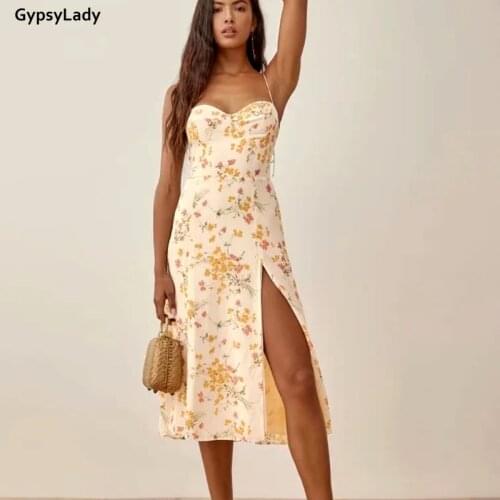 GypsyLady Floral Strappy Summer Dress Vintage Chic Holiday Women Dresses Split Backless Boho Sexy Ladies Casual Beach Dresses