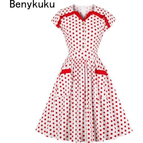 Red Polka Dot 50s Rockabilly Pin Up Dress Women Clothes V-Neck Button Up Pockets Vintage Pleated Summer Dress Cotton Vestidos
