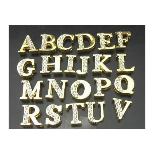 130PCS/lot 8mm A-Z gold color half rhinestones slide letter diy alphabet fit for 8mm wristband / bracelet