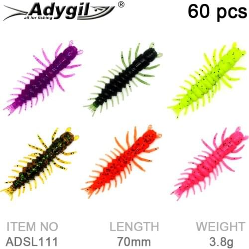 Adygil ADSL111 Soft Silicone Lures for Bass, Trout, 60pcs/pack, 6 colors, 10pcs each color