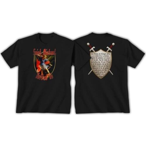 Archangel St Michael Defend Us In Battle. Shield Cross Sword Printed T-Shirt. Summer Cotton Short Sleeve O-Neck Mens T Shirt New