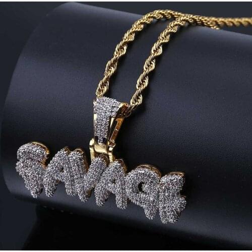 Hip Hop Mens Iced Out SAVAGE Pendant Necklace Gold Silver Color Full Pave CZ Crystal Stone Necklace Gift for Men Women