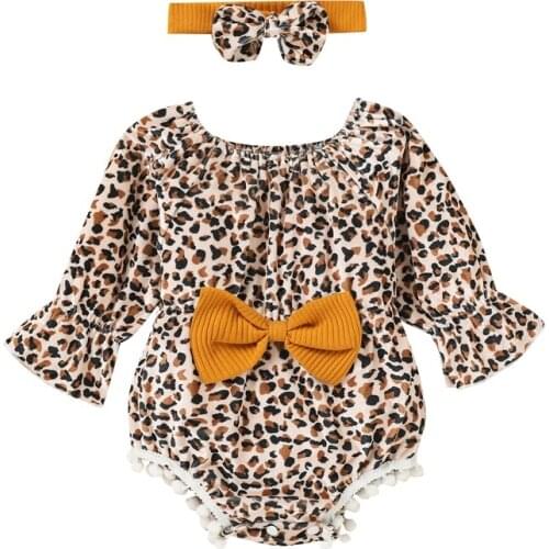 Infant Long Sleeve Romper + Bow Headband, Leopard Print Ruffle Decoration Spring Clothing