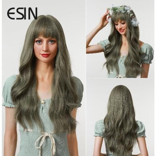 ESIN Long Water Wave Synthetic Wigs with Bangs Olive Grey for Women Cosplay Party Natural Heat Resistant
