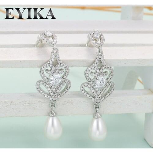 EYIKA Fashion Vintage AAA Cubic Zirconia Long Hanging Earring with Pearl Wedding Bridal Dangle Pearls Earrings Statement Jewelry