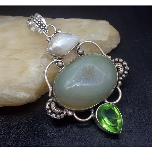 Gemstonefactory Jewelry Big Promotion 925 Silver Agate Druzy Peridot Biwa Pearl Women Ladies Gifts Necklace Pendant 0884