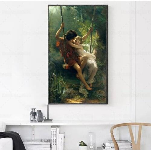 Famous Art Springtime Canvas Painting By Pierre Auguste Cot Young Couple on A Swing Amid In Forest Painting for Home Decor