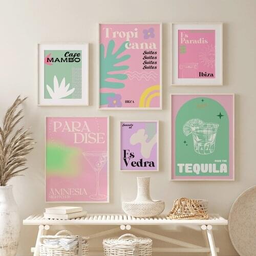 Ibiza Themed Gallery Canvas Paintings,Mid Century Art Poster,Retro Minimalist Wall Pictures Home Decor,Pink Prints, Cocktails
