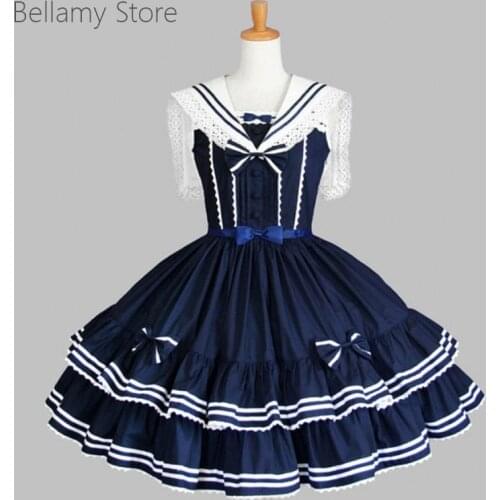 Lolita daily retro Japanese Navy collar sailors wear BOW LACE swing poncho dress jsk