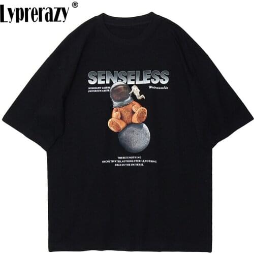 Lyprerazy Harajuku Cartoons Space Bear Printed T-shirt Men Summer Short Sleeve Hip Hop T-shirt Cotton Oversized Tops