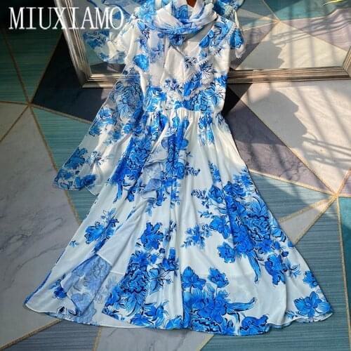 MIUXIMAO 2021 Spring Summer Dress New Cute Flower Print Elegant Half Sleeve Lace Ruffles Slim Dress Women Vestidos