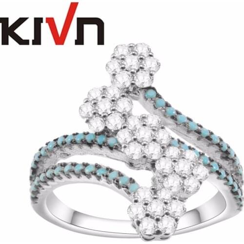 KIVN Fashion Jewelry Delicate Sparkling Flower Blue Pave CZ Cubic Zirconia Rings for Women Birthday Christmas Gifts