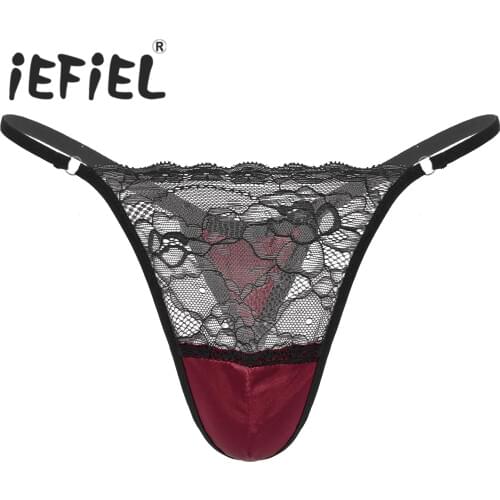 Men Sissy Sexy Satin Underwear Thong Lace Patchwork Panties G-string Briefs T-back Jockstrap Underpants for Lingerie Night