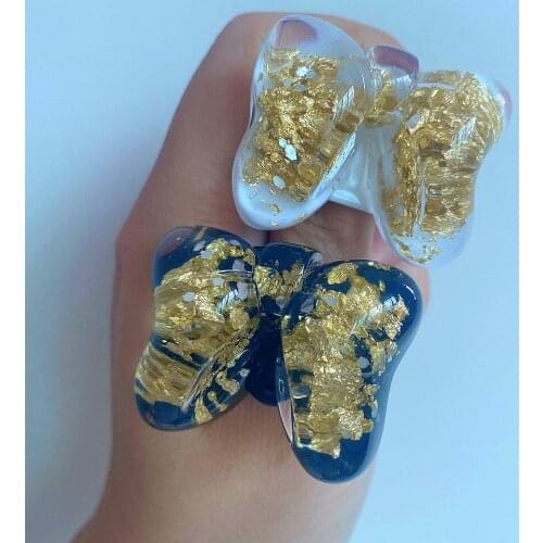 New Korean Gold Color Foil Bow Knot Transparent Resin Rings for Women Girls Geometric Round Square Acrylic Ring Fashion Jewelry