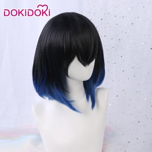 DokiDoki Anime Demon Slayer: Kimetsu no Yaiba Copslay Wig Men White & Blue Short Hair Hashibira Inosuke Cosplay Wig Anime