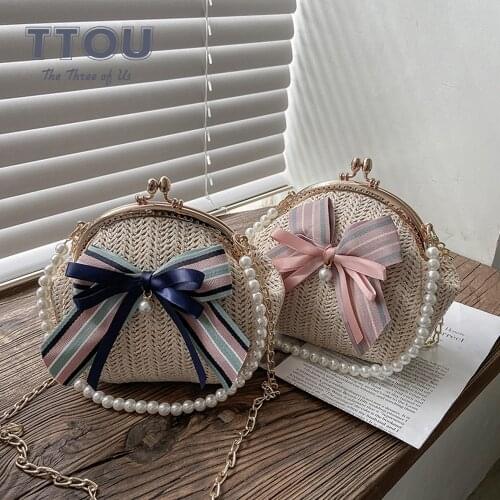 Pearl Beaded Bow Design Crossbody Shell Bags For Women Summer Woven Straw Beach Chain Shoulder Bags Ladies Fashion Handbags
