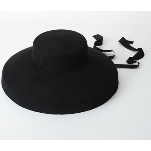 New Retro Flat-top Wide Brim Hat Fedora Hat For Women Autumn Winter Lady British Style Stage Catwalk Black Hat Elegant Felt Hat