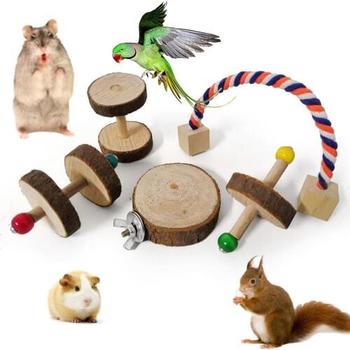 1/5Pcs Pet Hamster Rabbit Wooden Barbell Cotton Rope Snack Molar Exercise Toy Wooden Toy Supplies Exercise Toy Molar Chew Toy