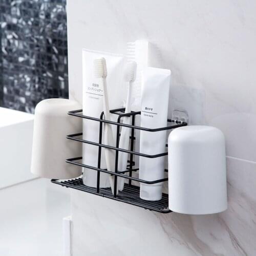 OTHERHOUSE Iron Toothbrush Holder Wall Mounted Tooth Brush Cup Toothpaste Storage Rack Shelf Razor Holder Bathroom Organizer