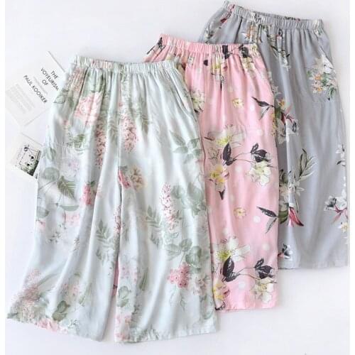 Cropped Sleeping Shorts Womens Spring and Summer New Style Cotton Silk Wide-leg Pants Anti-mosquito Home Pants Pantalon Ample