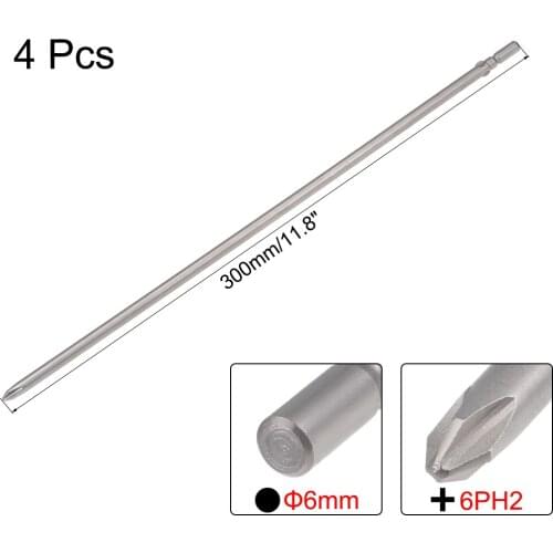 Uxcell 4pcs Phillips Bits 6mm Round Shank 600mm Length Cross 6PH2 Magnetic Screw Driver S2 Screwdriver Bit