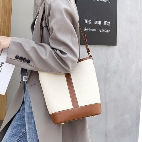 Contrast Stitched Cow Leather Womens Bags 2021 New Luxury Handbags Designer Shoulder Bucket Casual Patchwork Totes for Ladies