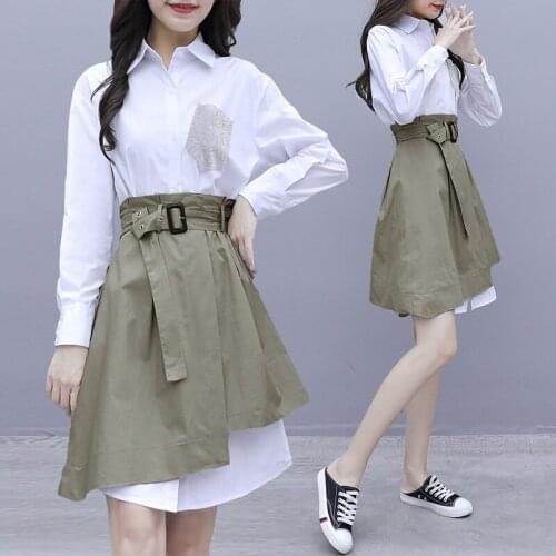 2021 White Shirts Long Sleeve Dress Set Turn Down Collar Blouse Irregular Skirt Women Outfits Office 2 Piece Set HB773