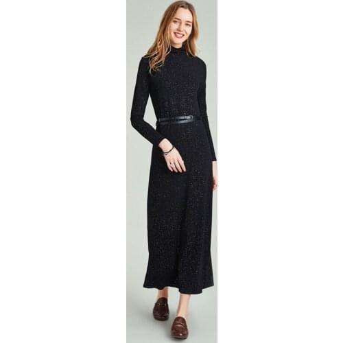 HAVVA Autumn and Winter New Women’s Bright Silk Shiny Dress Elegant Black Ankle-length Base Dress female Q43680
