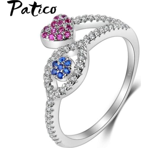 Romantic Double Heart Charms 925 Sterling Silver Wedding Ring for Women Red Blue CZ Paved Engagement Proposal Jewelry