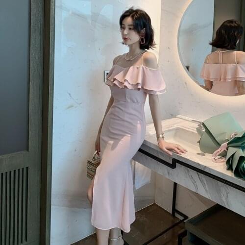 Women O Neck Off the Shoulder Bodycon High-end Classy Dress Women Vacation Ladies Dresses Hot Elegant Pink Ruffle Mermaid Dress