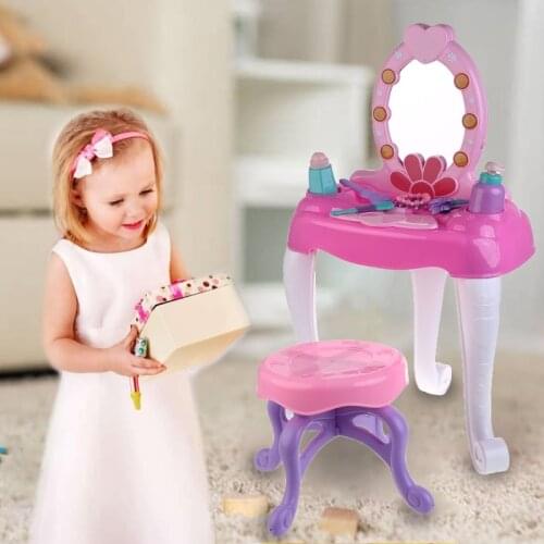 1 Set Kids Beauty Makeup Dressing Table Pretend Play Toy Set with Mirror Lights Music Sounds for Girls 3+ Years Birthday Gift